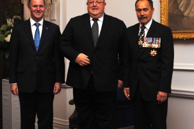 The Governor-General and Rt Hon John Key greet Hon Gerry Brownlee upon entrance.