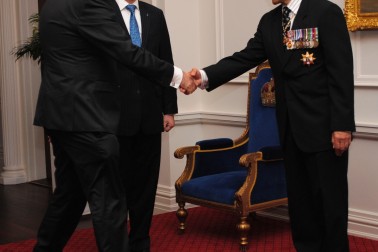 The Governor-General and Rt Hon John Key greet Hon Steven Joyce upon entrance.