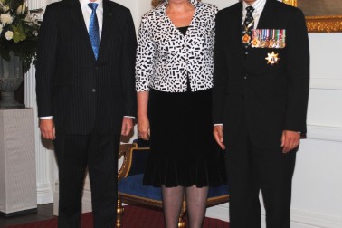 The Governor-General and Rt Hon John Key greet Hon Judith Collins upon entrance.