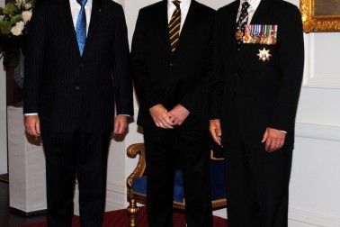 The Governor-General and Rt Hon John Key greet Hon Christopher Finlayson upon entrance.
