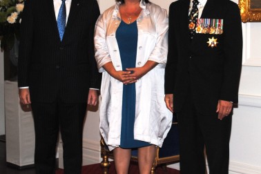 The Governor-General and Rt Hon John Key greet Hon Paula Bennett upon entrance.