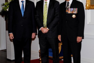 The Governor-General and Rt Hon John Key greet Hon Dr Nick Smith upon entrance.