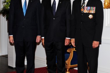 The Governor-General and Rt Hon John Key greet Hon David Carter upon entrance.