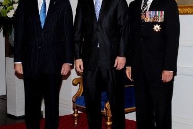 The Governor-General and Rt Hon John Key greet Hon Dr Jonathan Coleman upon entrance.