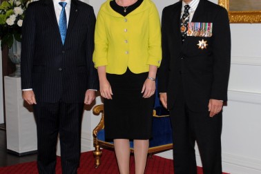 The Governor-General and Rt Hon John Key greet Amy Adams upon entrance.