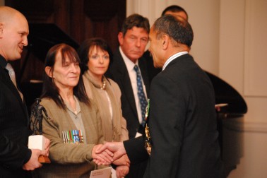 The Governor-General greets Mary Smith, mother of the late LCPL Leon Smith.