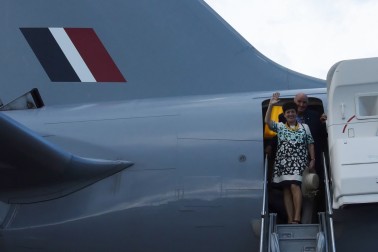 The Governor-General, The Rt Hon Dame Patsy Reddy leaving Niue on a RNZAF transport plane.