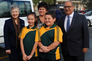 Kaikohe East School Principal Chicky Rudkin and students Marina Little and Piripi Gordon pictured with Sir Anand and Lady Susan.