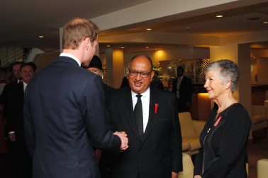 The Governor-General of New Zealand, Rt Hon Sir Anand Satyanand, and Lady Susan Satyanand greet HRH Prince William.