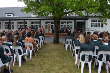 Pupils gathered for the opening of the classroom block.