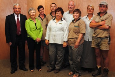 Lady Susan Satyanand with Department of Conservation staff at Pukaha Wildlife Centre.