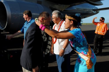 The Governor-General arrives at Faleolo Airport in Apia and is greeted by Miss Samoa, Olevia Ioane, and Hon Magele Mauiliu, Minister of Education, Sports and Culture.