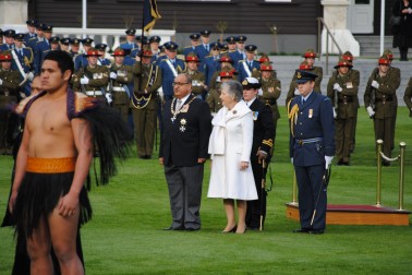The Governor-General, Rt Hon Sir Anand Satyanand, and Lady Susan Satyanand await  the arrival of King George Tupou V of Tonga.