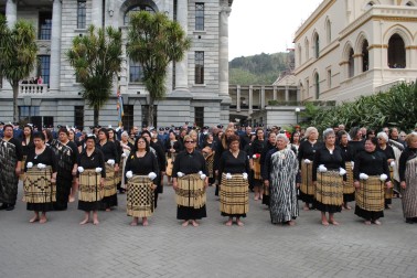 The Māori Welcoming Party assemble on the Parliament forecourt.