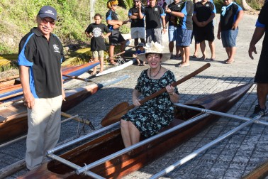The Governor-General, The Rt Hon Dame Patsy Reddy in a canoe at the Namakulu Boatramp.