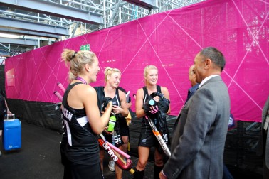 The Governor-General congratulates the team post-match.