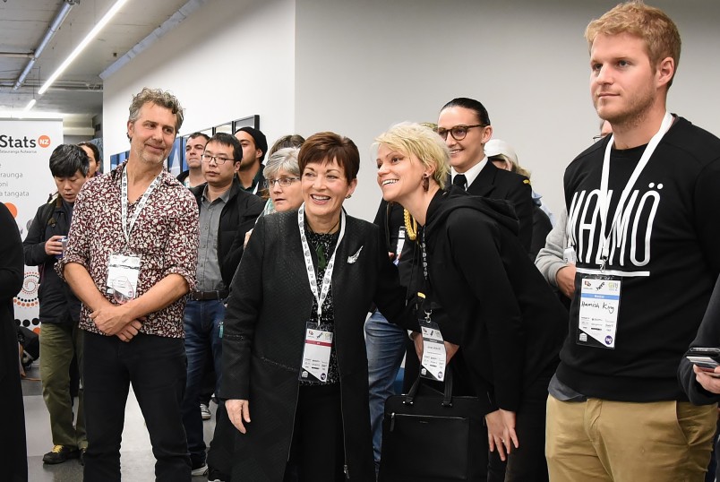 An image of Dame Patsy with participants at GovHack in Wellington
