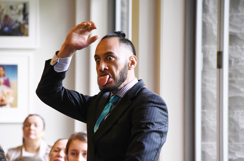 Image of a guest doing a haka for Marara Te Tai Hook at Auckland investitures 