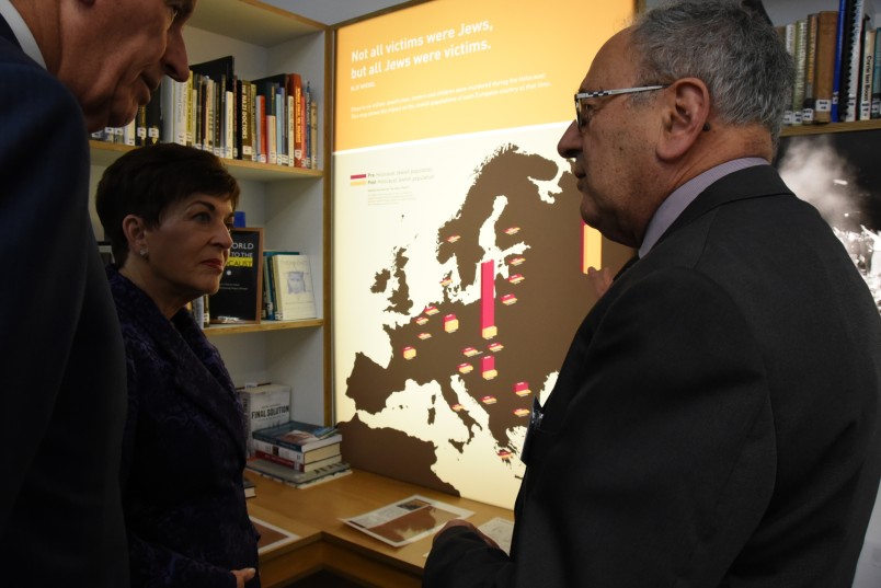 An image of Dame Patsy, Sir David and Steven Sedley with a map of Jewish populations in Europe