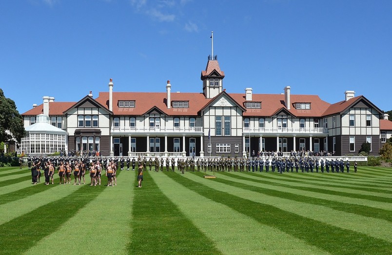 Image of the honour guard and cultural party in place on the North Lawn