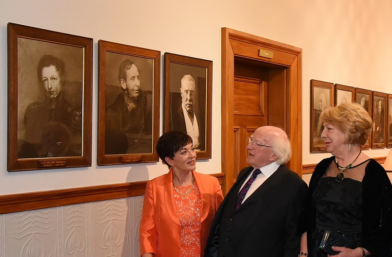 Image of Dame Patsy, Michael D. Higgins and Sabina Higgins viewing a portrait of Lt William Hobson, New Zealand's first Governor, who was born in Ireland.