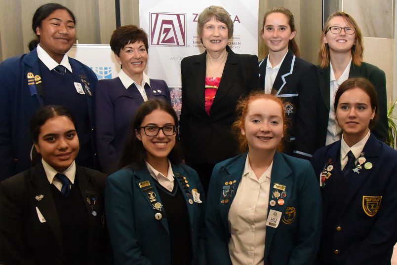 an image of Dame Patsy, The Rt Hon Helen Clark and school students