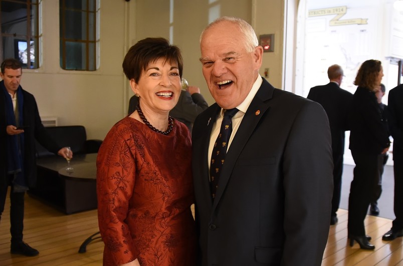 Image of Dame Patsy with Mark Hadlow, who plays Lt Col William Malone in the projected images used in the exhibit 