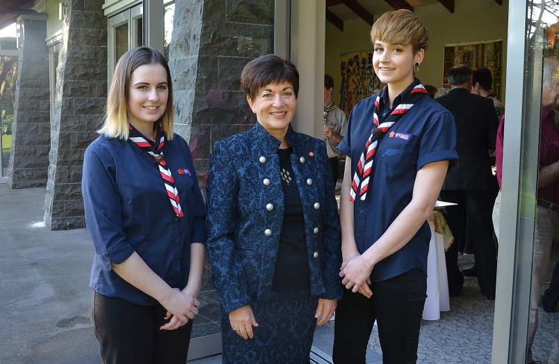 Image  of Dame Patsy with  Sophia Humphries and Jennifer Curruthers of the Te Anau Sea Scout Group