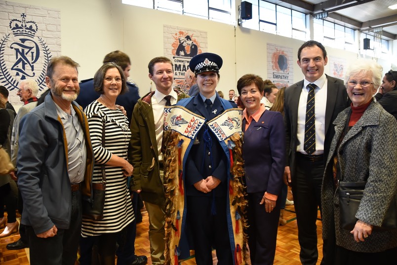 an image of Dame Patsy with Police Minister Hon Stuart Nash, Constable Zoe Bennett and her family
