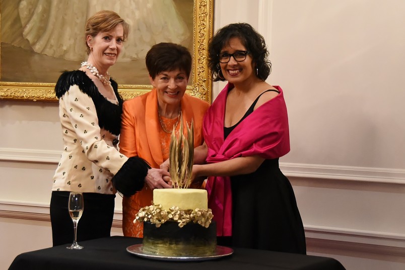 Image of Dame Patsy, RNZB artistic director Patricia Barker and RNZB executive director Frances Turner cutting the cake