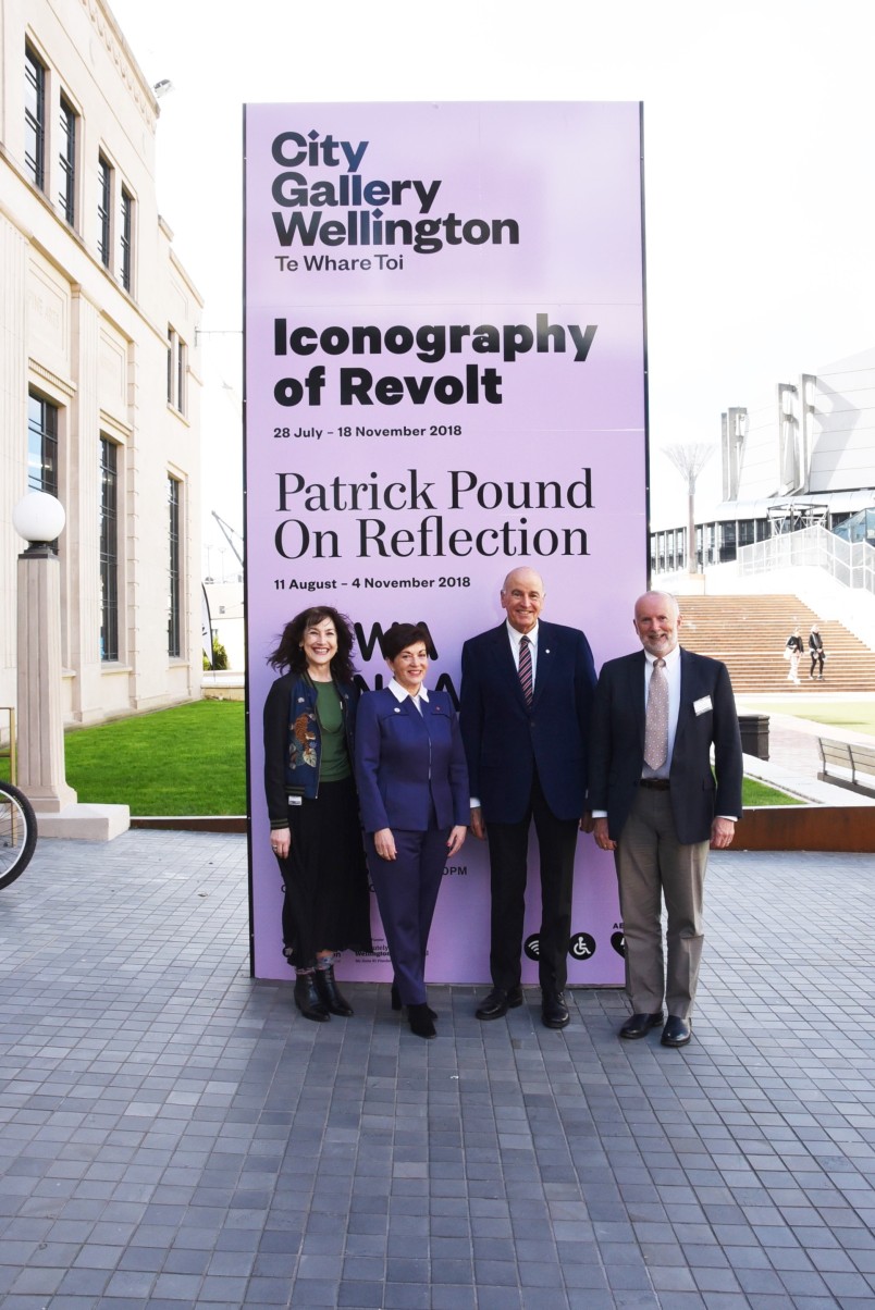 Image of Dame Patsy and Sir David with Judge Arthur Tompkins, Chair of the NZ Art Crime Research Trust and Elizabeth Caldwell, Director, City Gallery