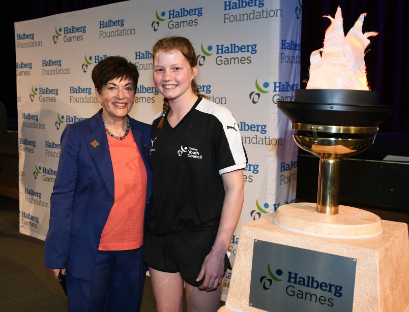 an image of -	Her Excellency, RT Hon Patsy Reddy and Halberg Youth Council member Victoria Baldwin officially opening the Games at the Halberg Games Opening Ceremony, King’s College Auckland