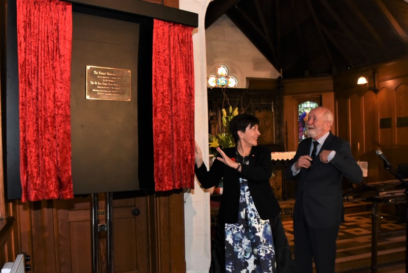 an image of Dame Patsy unveiling the plaque to mark the restoration and re-opening of the Nurses Memorial Chapel