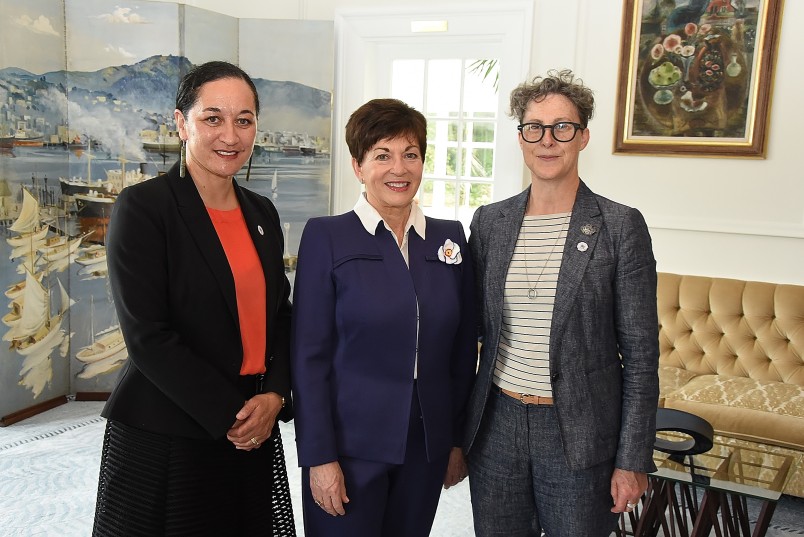 Image of Dame Patsy with Acting CE of the Ministry For Women, Helen Potiki and Suffrage 125 Project Manager, Kim Young