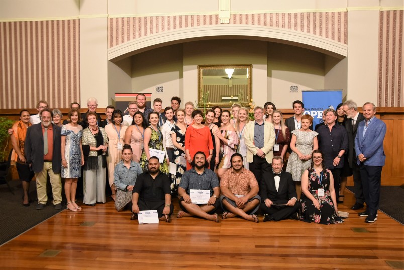 Image of Dame Patsy with the scholars, tutors and staff of the New Zealand Opera School 2019