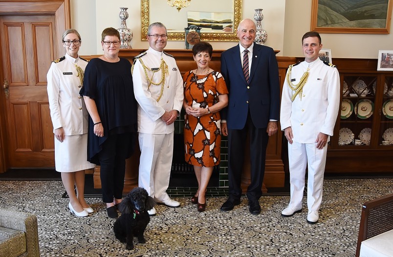 Image of Dame Patsy and Sir David with Chief of Navy, Rear Admiral David Proctor, Wendy Proctor, Flag Lieutenant Caitlin Wiseman and ADC Dany Rassam