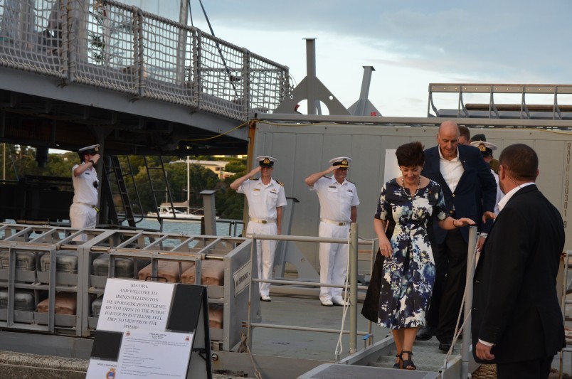 an image of Dame Patsy and Sir David disembarking from HMNZS Wellington