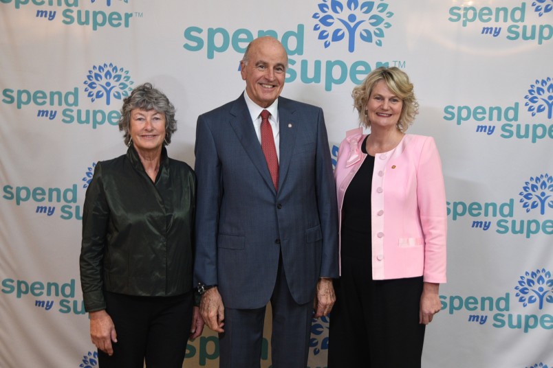 Image of Sir David with Spend My Super founder Liz Grieve and CEO Sarah Trotman