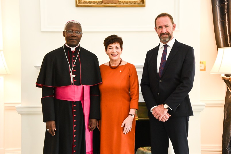 Dame Patsy and Hon Andrew Little with HE Archbishop Novatus Rugambwa