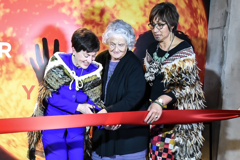 Image of Dame Patsy cutting the ribbon with Auntie Reita Matthews and Aunty Suzy Waaka.