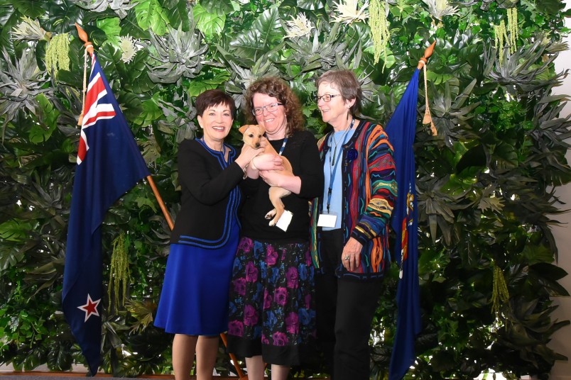 Dame Patsy presenting Coco to her new owners, Ann and Amy Luxton