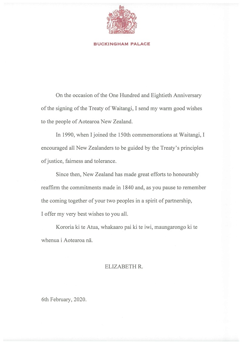 Image of the Waitangi Day 2020 message from HM Queen Elizabeth