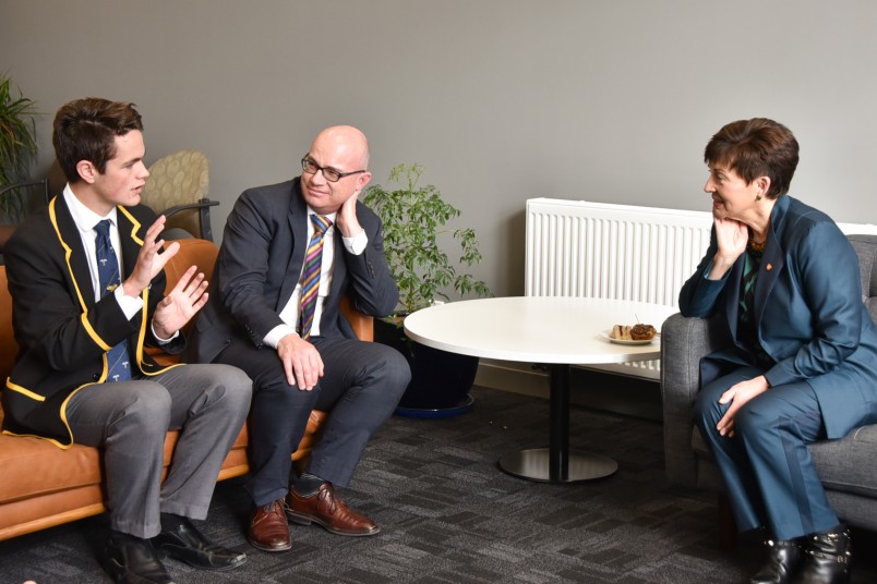 Wellington College Head Prefect Andrew Latta, Principal Gregor Fountain and Dame Patsy Reddy