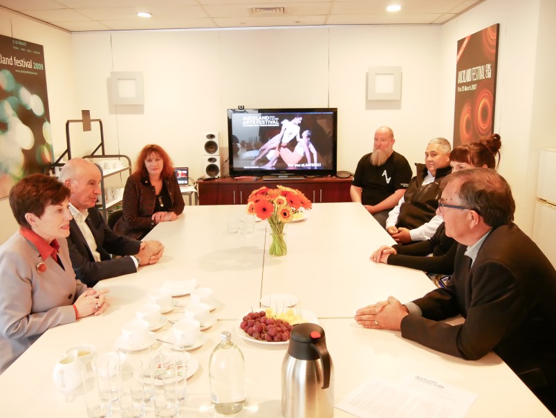 Image of Dame Patsy and the Auckland Festival team discussing how Covid-19 has affected the Festival and the arts sector