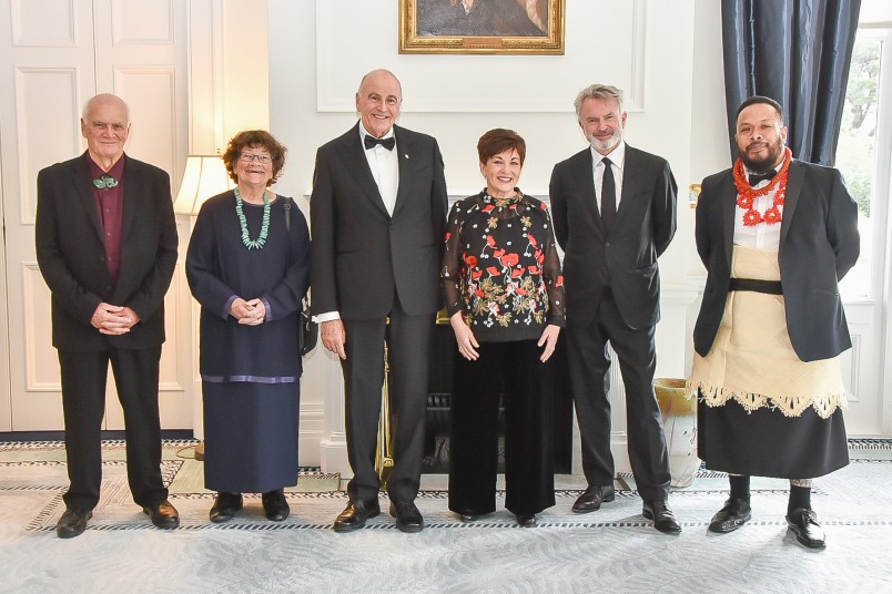 Image of Dame Patsy and Sir David with the recipients of the Whakamana Hiranga Icon Award recipients and the Harriet Friedlander Residency