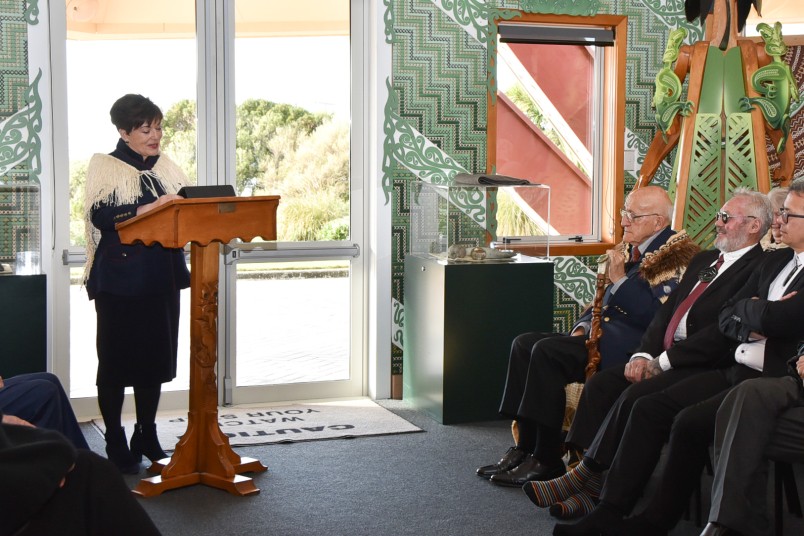 Dame Patsy addressing tangata whenua at Te Rau Aroha