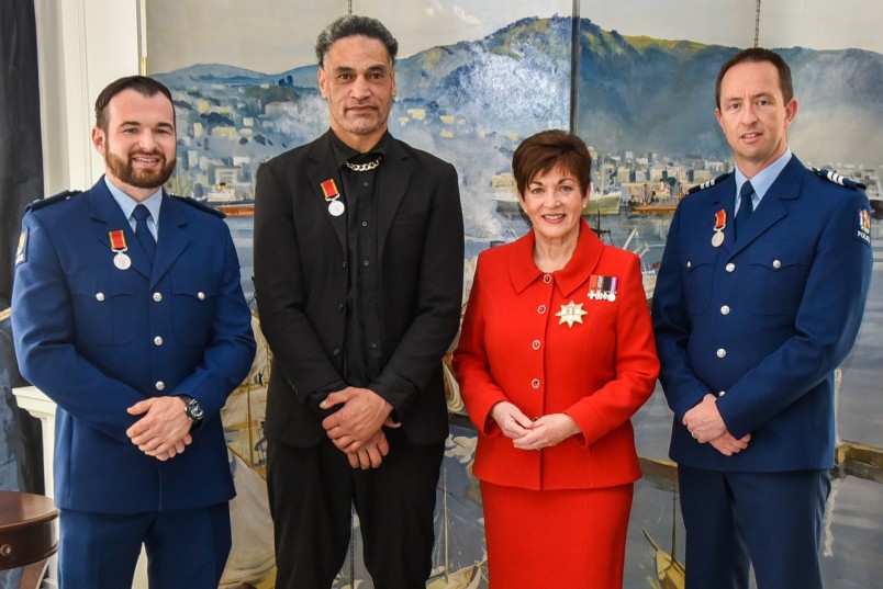 Dame Patsy Reddy with Constable Scott Higby, Finekata Moataane, and Provisional Sergeant Brett Anthony Neal