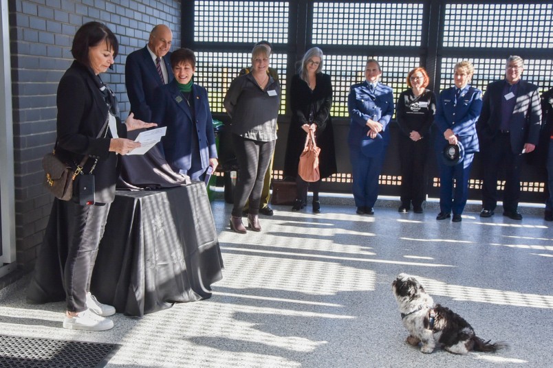 Jo Linsday speaks while her dog Louis watches on