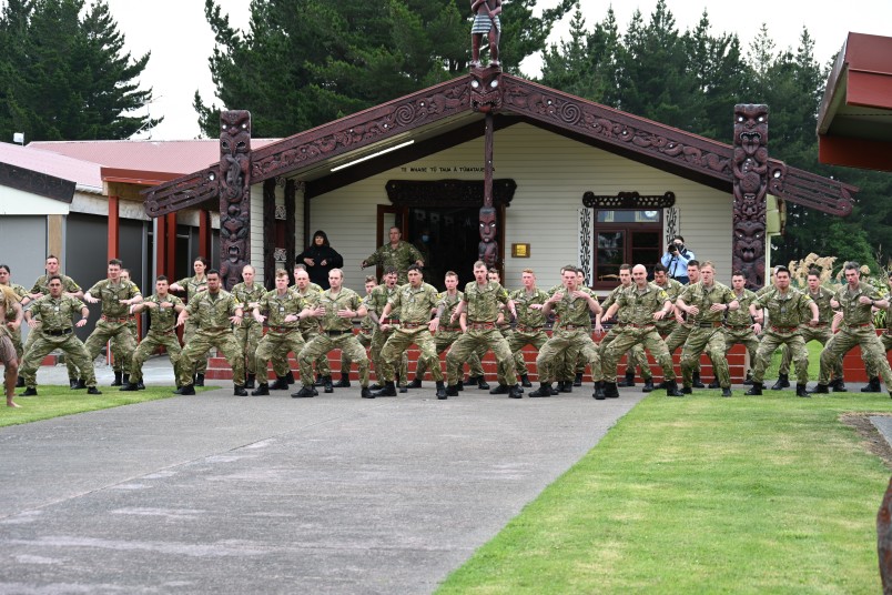 A haka outside New Zealand Army National Marae