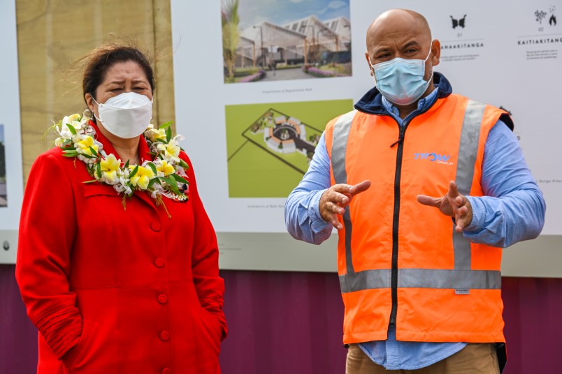 Dame Cindy on a tour of the site with Saia Latu